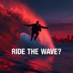 Dynamic marketer jumping onto a vibrant trend wave with intense excitement, high-contrast colors for viral marketing energy.