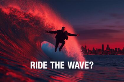 Dynamic marketer jumping onto a vibrant trend wave with intense excitement, high-contrast colors for viral marketing energy.