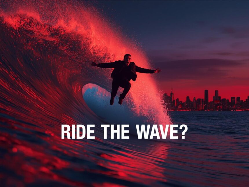 Dynamic marketer jumping onto a vibrant trend wave with intense excitement, high-contrast colors for viral marketing energy.