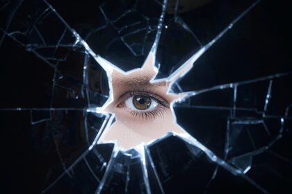 A cracked billboard glowing with light as a human eye appears behind the broken surface, symbolizing truth and authenticity emerging from within a brand façade.
