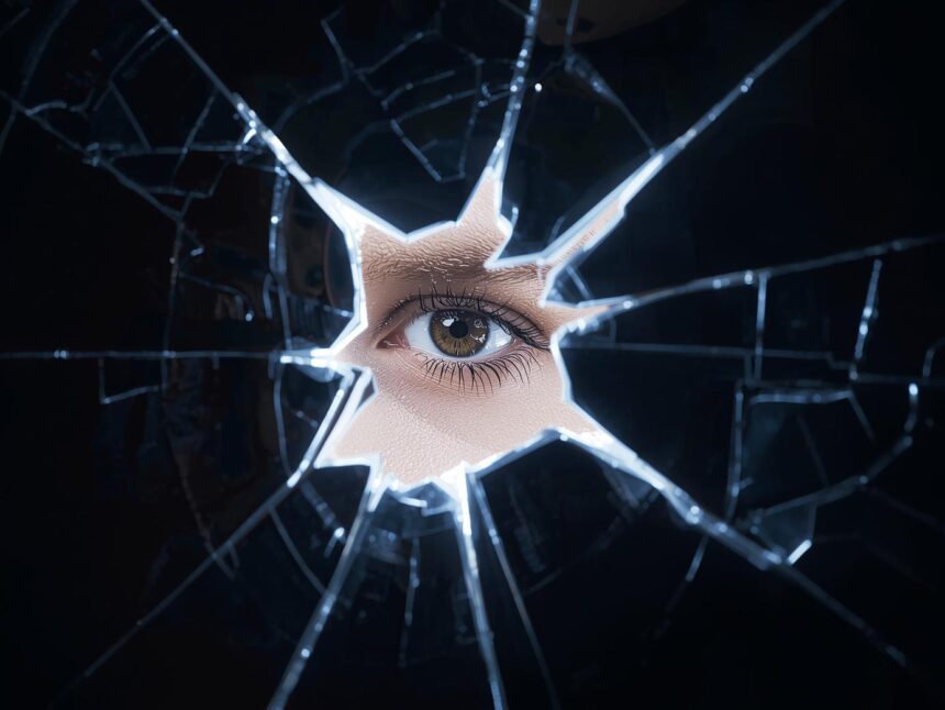 A cracked billboard glowing with light as a human eye appears behind the broken surface, symbolizing truth and authenticity emerging from within a brand façade.