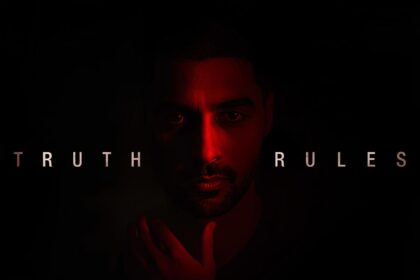 Half-lit face with intense gaze and bold words ‘Truth Rules’ emphasizing ethical storytelling.