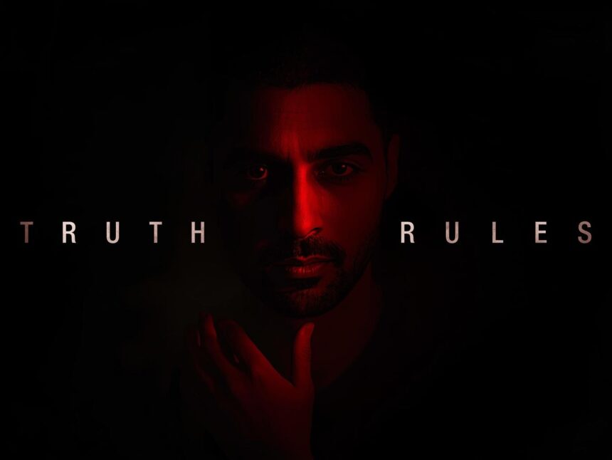 Half-lit face with intense gaze and bold words ‘Truth Rules’ emphasizing ethical storytelling.