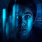 Curious face looking at abstract signal lines and bar charts