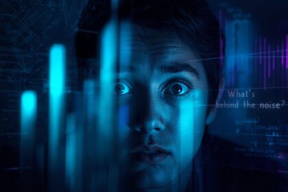 Curious face looking at abstract signal lines and bar charts