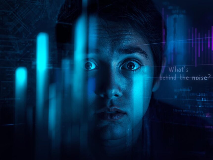 Curious face looking at abstract signal lines and bar charts