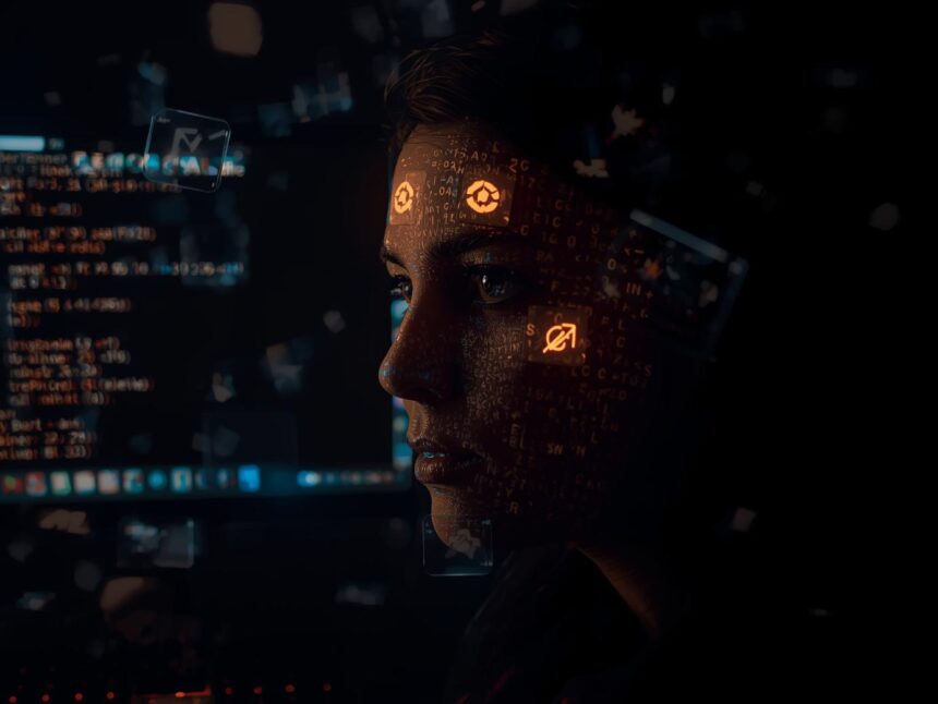 Half-lit face with digital overlay