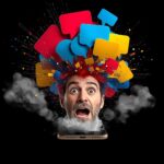 Marketer listening to speech waves made of trending keywords.