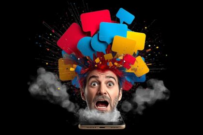 Marketer listening to speech waves made of trending keywords.