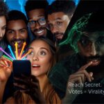 Vibrant digital illustration of global crowd engaging with a social media poll, arrows symbolizing boosted reach, high-contrast colors evoking curiosity and excitement.