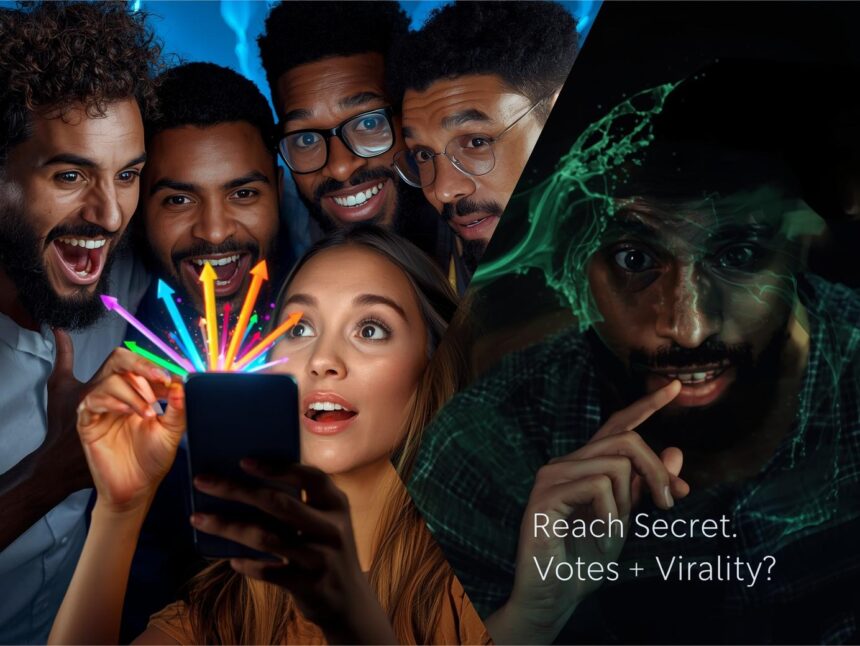 Vibrant digital illustration of global crowd engaging with a social media poll, arrows symbolizing boosted reach, high-contrast colors evoking curiosity and excitement.