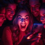 Excited diverse community reacting to fast social media reply on phone, high-contrast digital art for engagement article thumbnail.