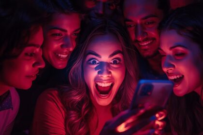 Excited diverse community reacting to fast social media reply on phone, high-contrast digital art for engagement article thumbnail.