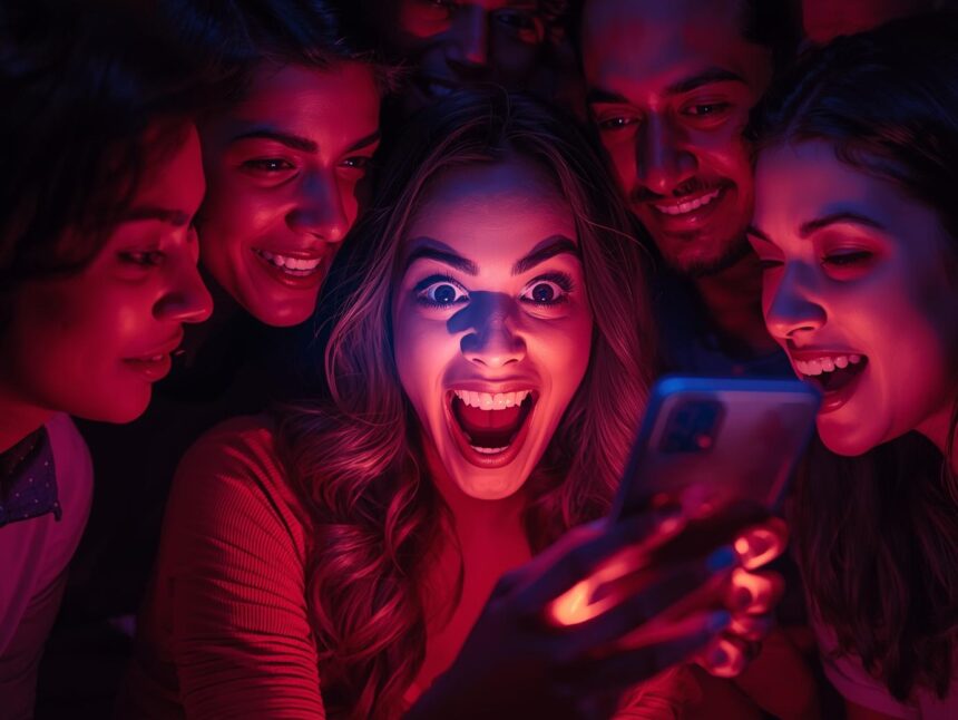 Excited diverse community reacting to fast social media reply on phone, high-contrast digital art for engagement article thumbnail.