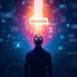 A marketer stands before a glowing wall of AI chat bubbles and user comments merging into one bright “ANSWER” beam, symbolizing community-powered knowledge.