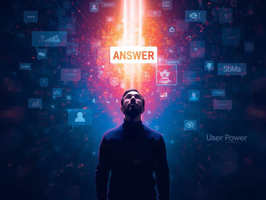 A marketer stands before a glowing wall of AI chat bubbles and user comments merging into one bright “ANSWER” beam, symbolizing community-powered knowledge.
