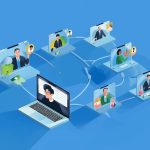 Burst of content fragments radiating from a webinar icon