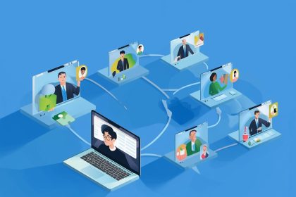 Burst of content fragments radiating from a webinar icon