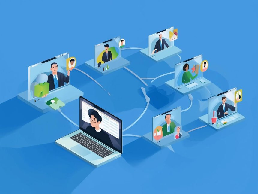 Burst of content fragments radiating from a webinar icon