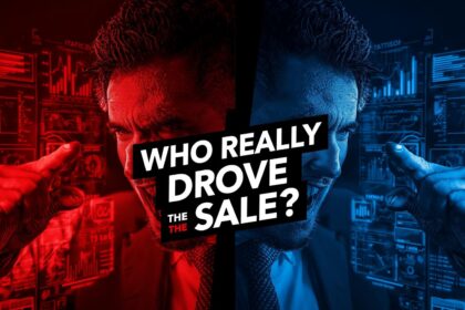 Two marketers debating over data dashboards, each claiming credit for a sale