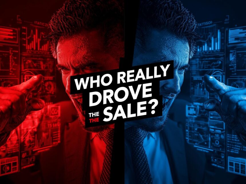 Two marketers debating over data dashboards, each claiming credit for a sale