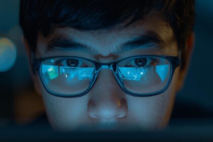 Close-up of a marketer’s thoughtful face illuminated by a computer screen showing user comments with question marks and glowing lightbulbs reflected in glasses — symbolizing insight and discovery from audience feedback.