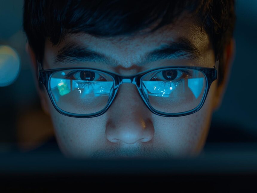 Close-up of a marketer’s thoughtful face illuminated by a computer screen showing user comments with question marks and glowing lightbulbs reflected in glasses — symbolizing insight and discovery from audience feedback.