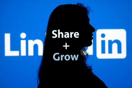 Employee sharing brand message through a LinkedIn megaphone, symbolizing advocacy.