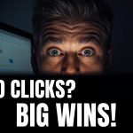 Digital marketer shocked by zero-click SERPs with glowing snippets.