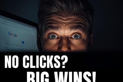 Digital marketer shocked by zero-click SERPs with glowing snippets.