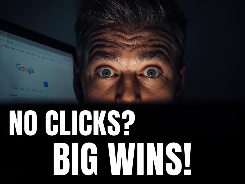 Digital marketer shocked by zero-click SERPs with glowing snippets.