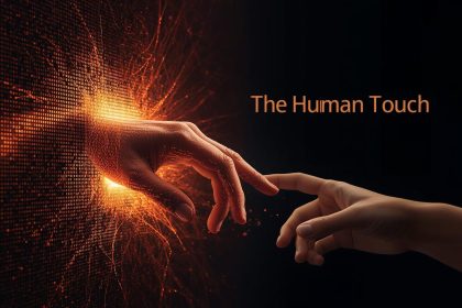 Warm human hand reaching across a screen to connect with another, symbolizing authentic brand humanization in the age of AI.