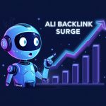 A digital marketer smiling with a glowing chain of links on screen, emphasising “AI-Verified Backlinks”.