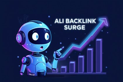 A digital marketer smiling with a glowing chain of links on screen, emphasising “AI-Verified Backlinks”.