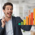 Marketer looking astonished at a holographic graph titled “Marketing Mix Modeling + AI” in a dark room.