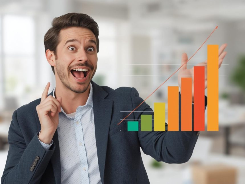 Marketer looking astonished at a holographic graph titled “Marketing Mix Modeling + AI” in a dark room.