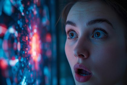 A marketer amazed as AI-generated videos light up a futuristic screen — symbolizes creativity, technology, and innovation in generative video ads.