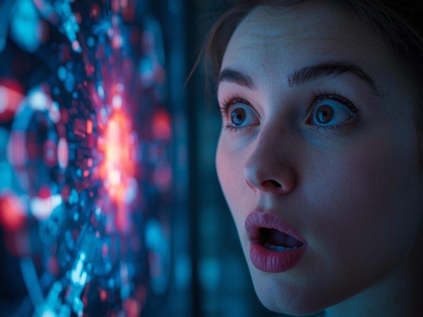 A marketer amazed as AI-generated videos light up a futuristic screen — symbolizes creativity, technology, and innovation in generative video ads.