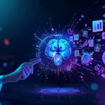 : Person pointing at a glowing brain diagram with search icons, expressing surprise and discovery—highlighting “From Keywords to Concepts: AI-Led Search Intent Prediction”.