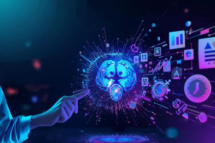 : Person pointing at a glowing brain diagram with search icons, expressing surprise and discovery—highlighting “From Keywords to Concepts: AI-Led Search Intent Prediction”.