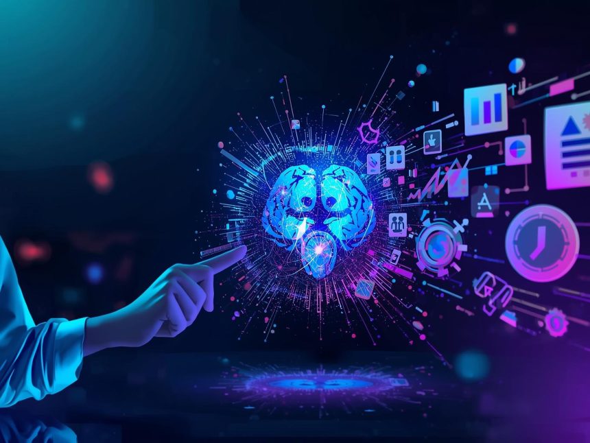 : Person pointing at a glowing brain diagram with search icons, expressing surprise and discovery—highlighting “From Keywords to Concepts: AI-Led Search Intent Prediction”.