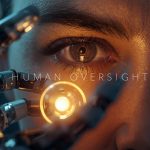 Confident digital marketing specialist pointing at an Autonomous Marketing Systems dashboard with a green success arrow, highlighting the co-pilot role of AI.