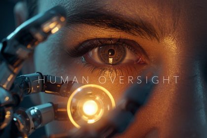 Confident digital marketing specialist pointing at an Autonomous Marketing Systems dashboard with a green success arrow, highlighting the co-pilot role of AI.