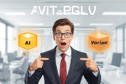 Business professional surprised at on-screen AI-powered A/B testing dashboard showing rising conversion metrics.