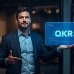 Confident marketing team analyzing digital OKR dashboard with bright graphs, symbolizing AI-driven strategy alignment in 2025.