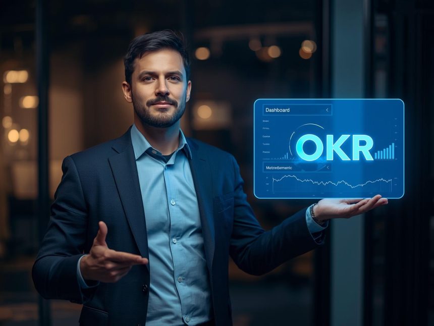 Confident marketing team analyzing digital OKR dashboard with bright graphs, symbolizing AI-driven strategy alignment in 2025.