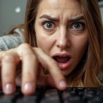 Marketing specialist shows a screen of AI answer-engine content optimisation in action, surprise and focus evident