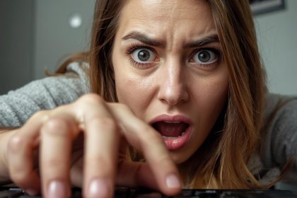 Marketing specialist shows a screen of AI answer-engine content optimisation in action, surprise and focus evident