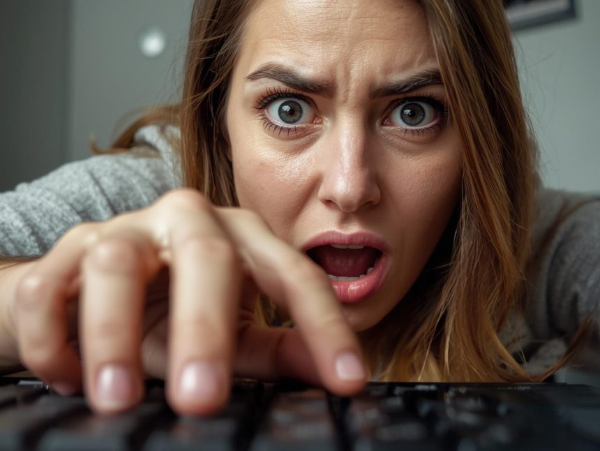 Marketing specialist shows a screen of AI answer-engine content optimisation in action, surprise and focus evident