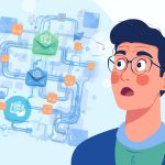 Focused marketer pointing at an interactive email workflow diagram symbolizing the Lifecycle Email Marketing Automation Blueprint.